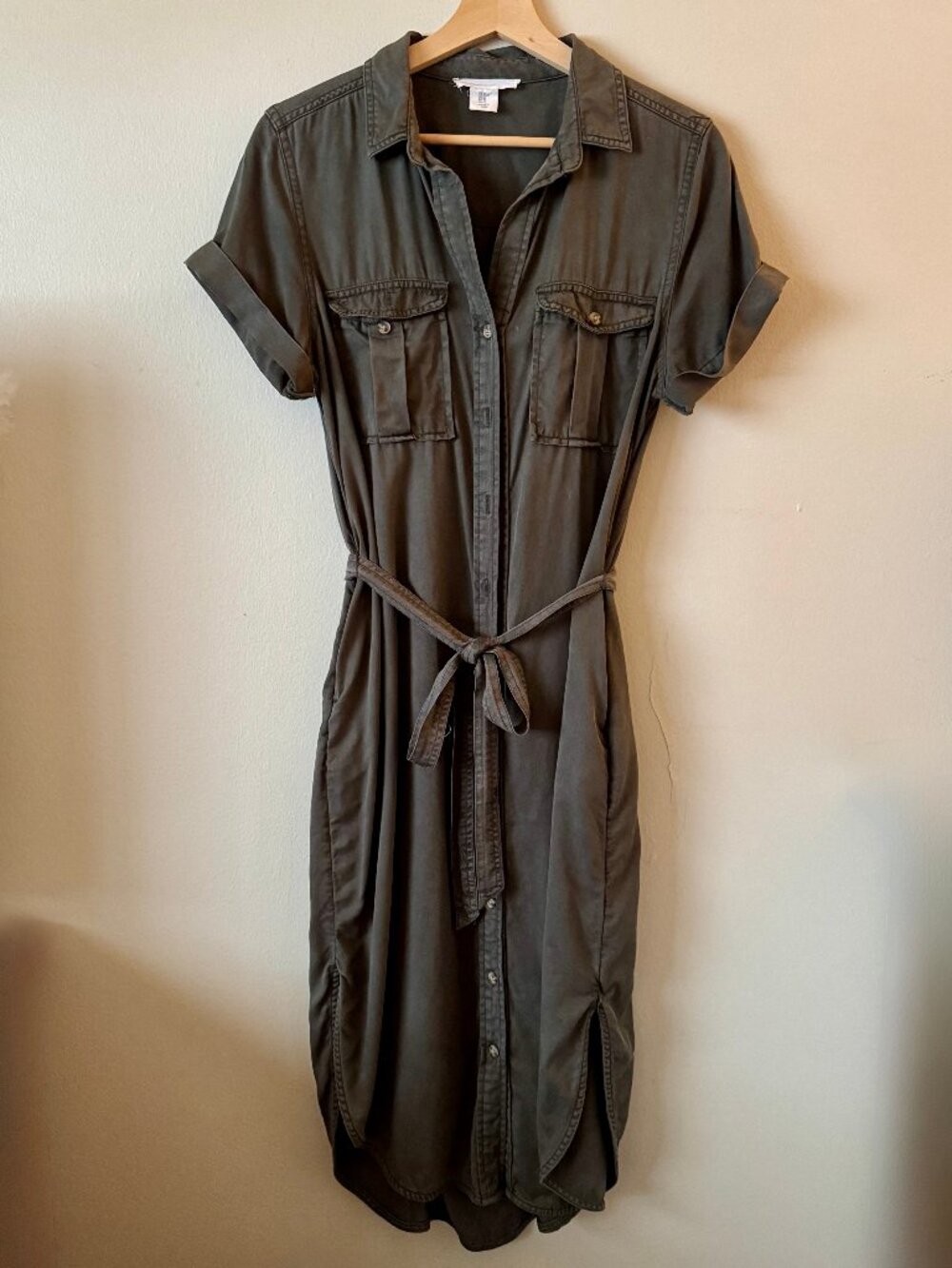 LUCKY BRAND Short Sleeve Belted Utility Shirt Dress - Size M - Army Green